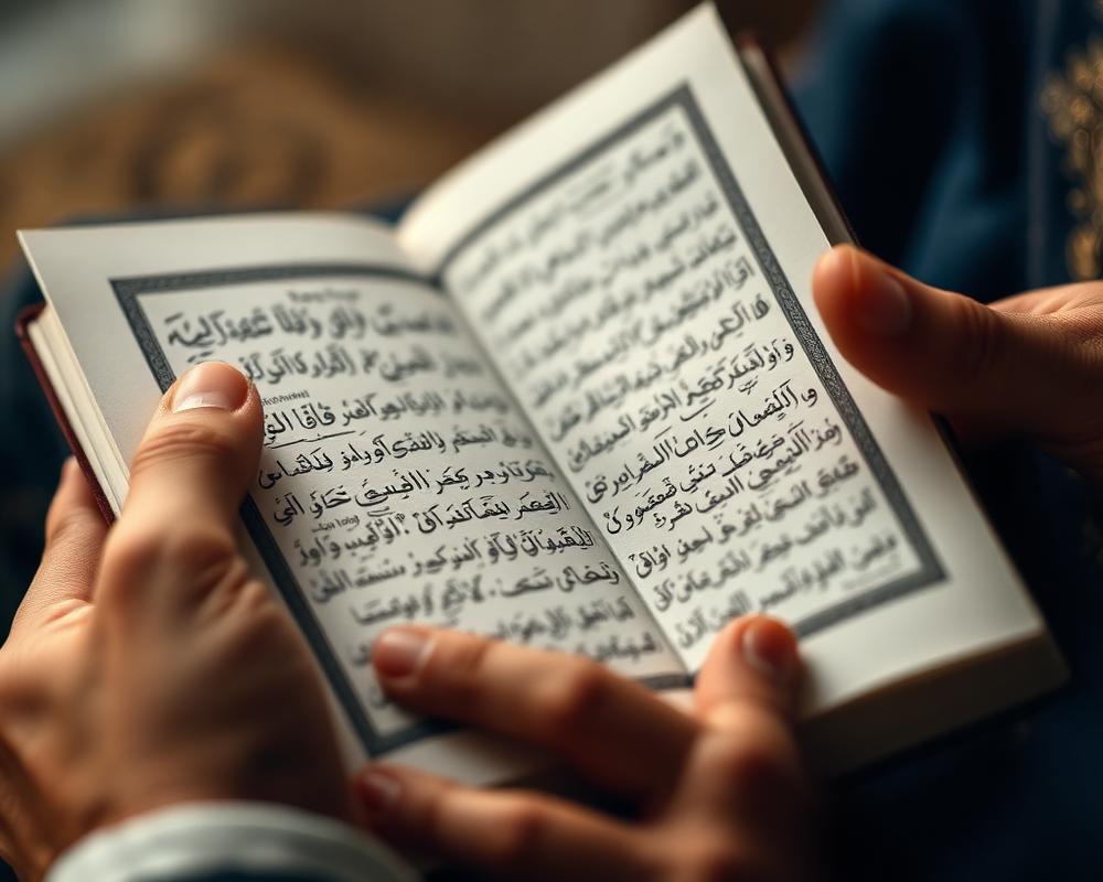 Hands holding a Qur'an while memorising a passage